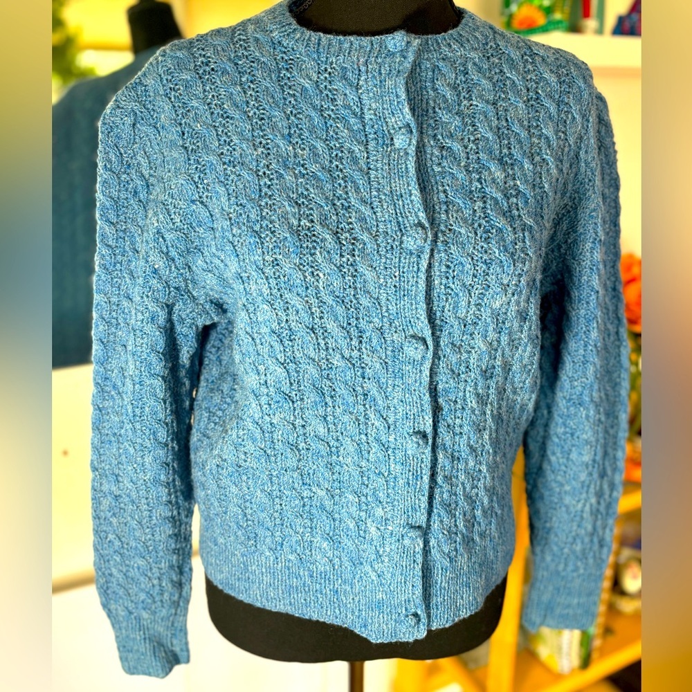 VINTAGE Hand Knit Cable Knit Cardigan Wool Sweater Retro Coastal Grandma Sz Sm